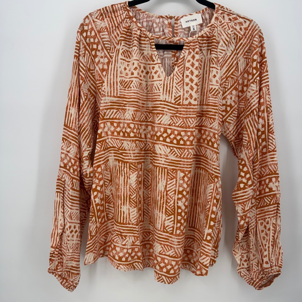 Heyson Womens Rust Cream Geometric Tribal Boho Split V-Neck Blouse Small NEW